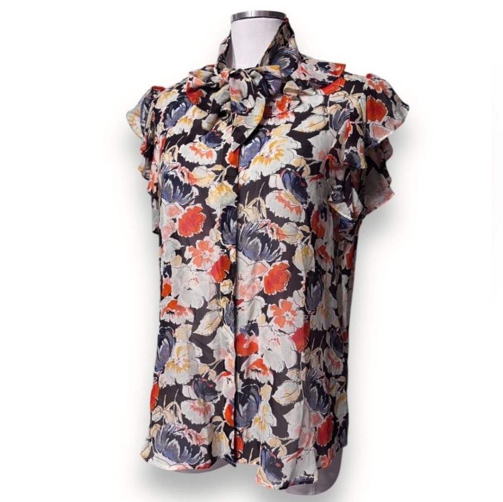THEORY Floral Silk Tie Neck Ruffle Cap Sleeve Button Down Blouse Paki/Zoom